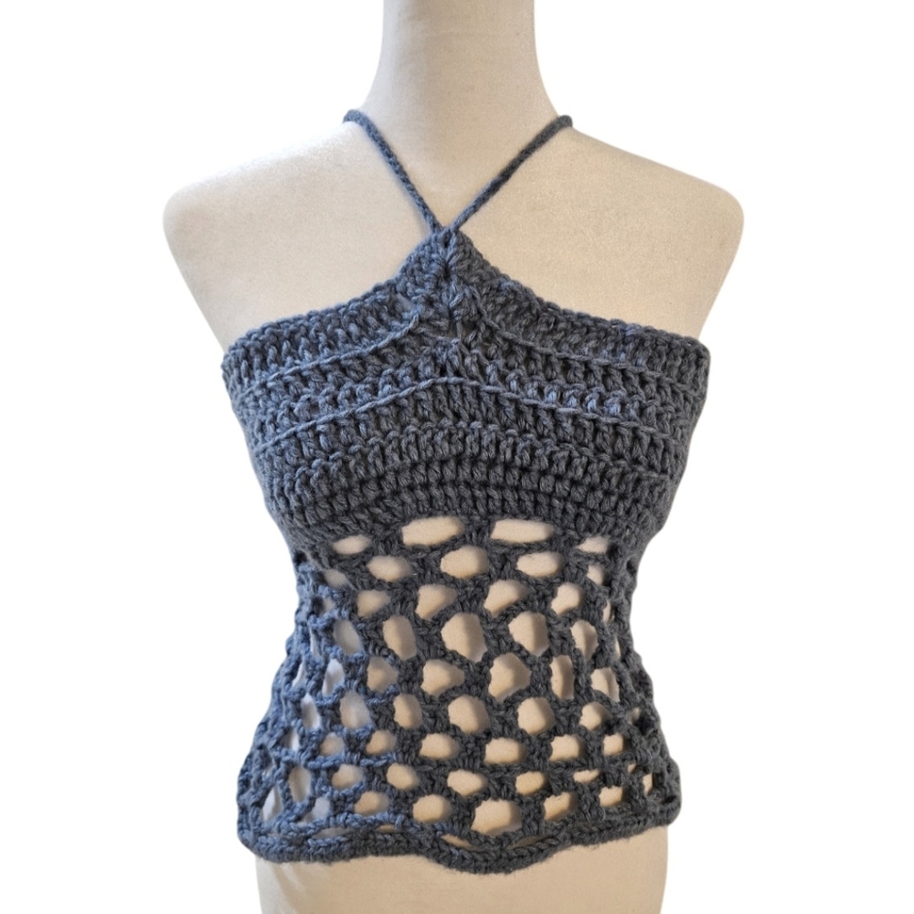Handmade 4 ways Crochet Summer Top One-of-a-kind Blue Fishnet Bikini Crop-Top - Picture 9 of 17